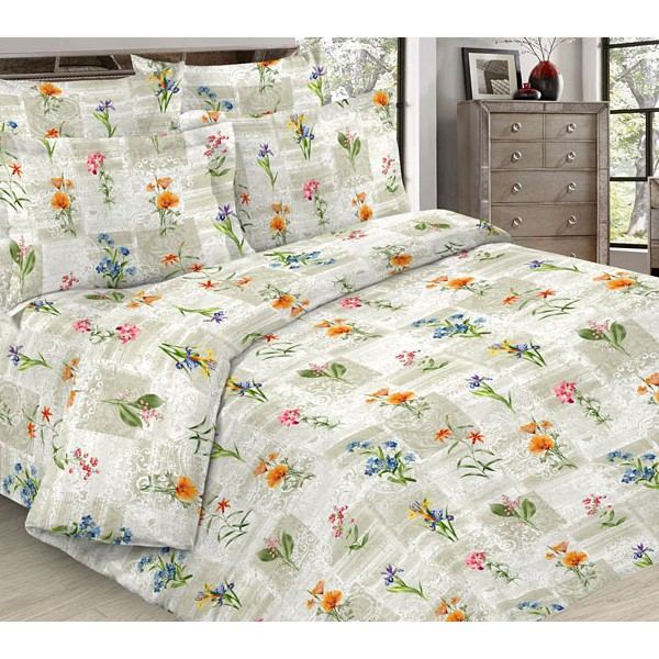 Бледно-зеленоватая бязь Тейково Нектар с разноцветными цветами