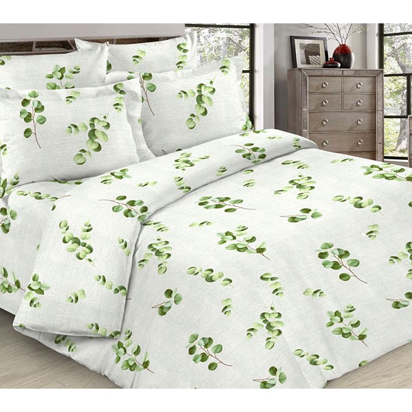 Бледно-зеленая бязь Тейково Веточки с зелеными рисунками