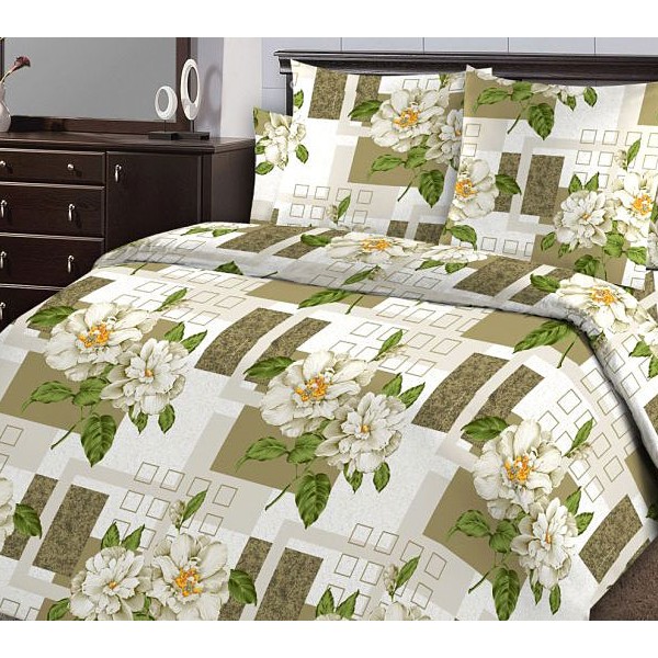 Белая бязь люкс с со светло-зеленой абстракцией и пионами