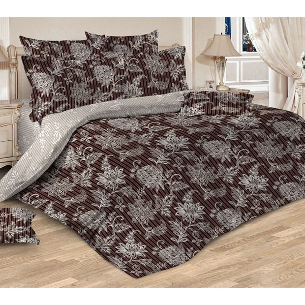 Темно-коричневая бязь Тейково Телопея с серебристыми рисунками и серо-бежевым компаньоном