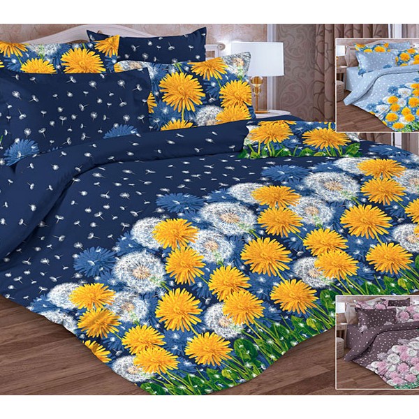 Тёмно-синяя бязь Тейково с желтыми и белыми одуванчиками