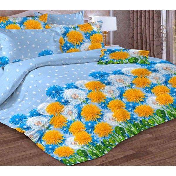 Голубая бязь Тейково с оранжевыми и синими одуванчиками