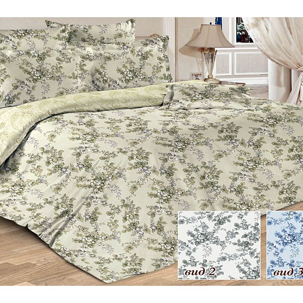 Серовато-зеленоватая бязь Тейково Хлоя с белыми цветочками и светло-бежевым компаньоном