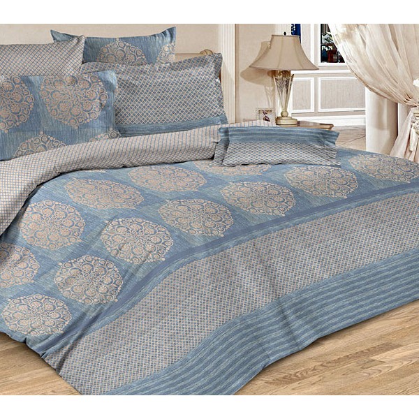 Синяя бязь Тейково Велюр с серо-бежевым орнаментом и компаньоном