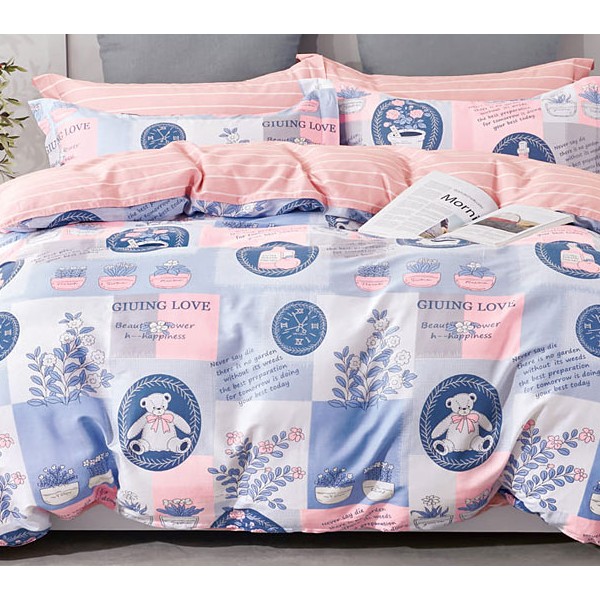 Сине-голубой твил-сатин с рисунками и светло-розовым компаньоном