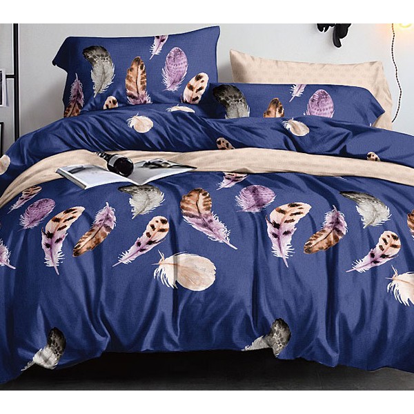 Темно-синий твил-сатин с разноцветными перьями и светло-бежевым компаньоном