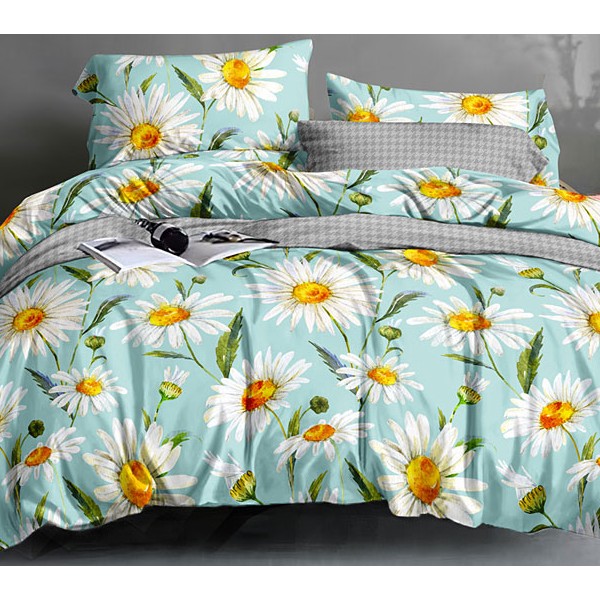 Зеленовато-голубой твил-сатин с белыми ромашками и серым компаньоном