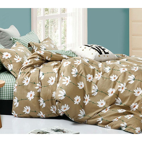 Карамельно-коричневый твил-сатин с белыми ромашками и бело-зеленым клетчатым компаньоном