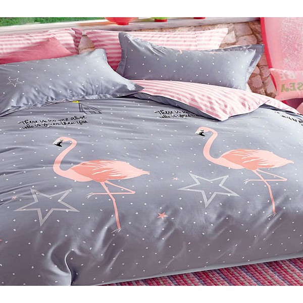 Серый твил-сатин с розовыми фламинго и полосато-розовым компаньоном