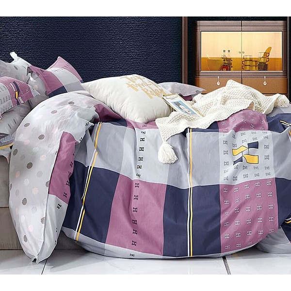 Светло-серый твил-сатин с синими и фиолетовыми квадратами и компаньоном в горошек