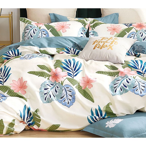 Светло-желтоватый твил-сатин с разноцветными рисунками и сине-зеленым компаньоном