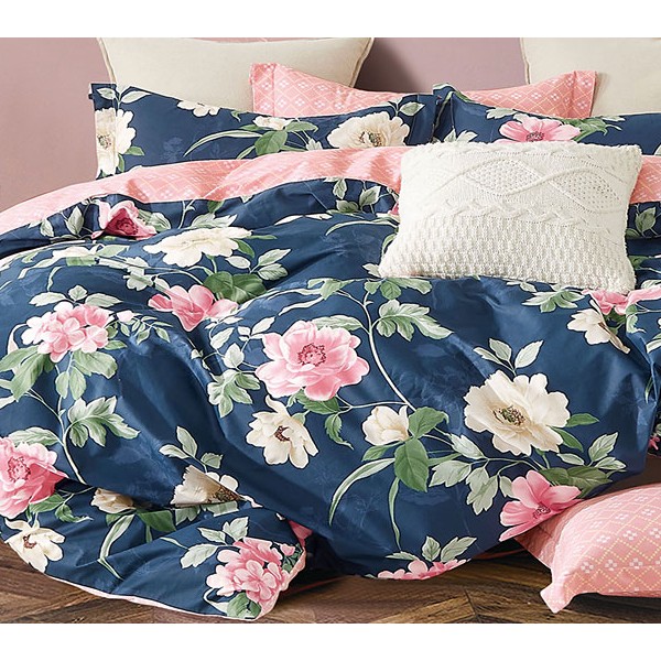 Темно-синий твил-сатин со светло-розовыми цветами и свето-красным компаньоном