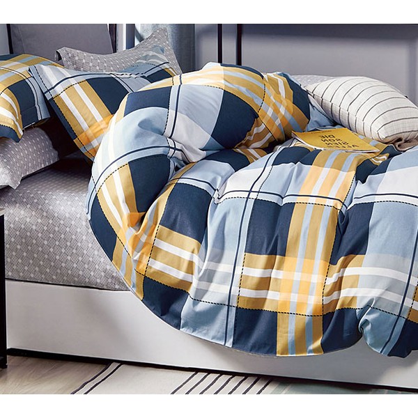 Голубой твил-сатин с синими и желтыми полосами и серым компаньоном с орнаментом