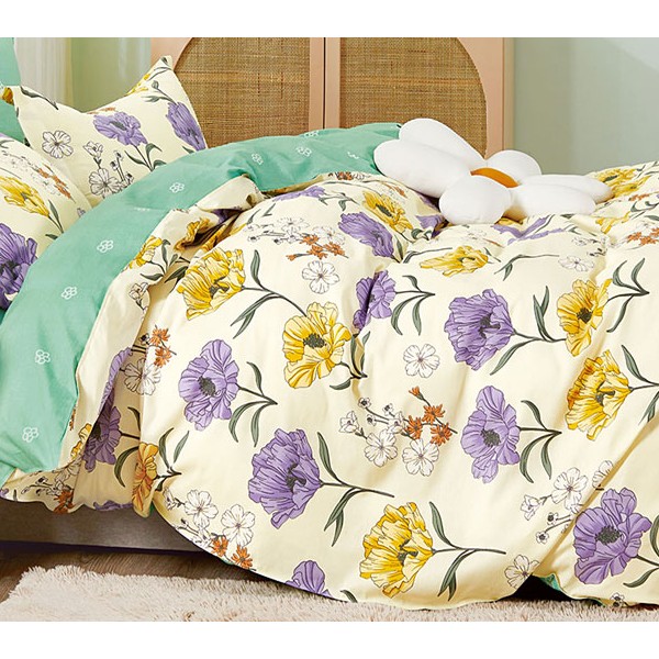 Пододеяльники из светло-желтого твил-сатина с желтыми и фиолетовыми цветами и зеленым компаньоном