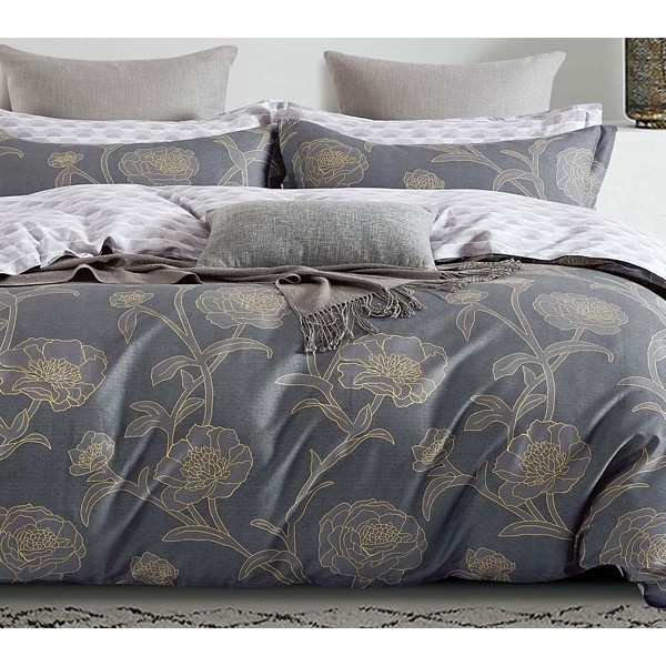 Темно-серый твил-сатин с золотисто-серыми цветами и бело-серым компаньоном