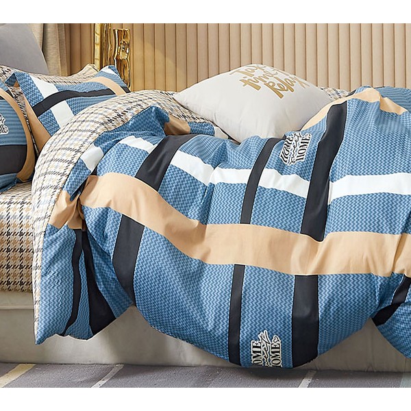 Простыни из светло-коричневого компаньона сине-голубого твил-сатина с черными и карамельными полосами