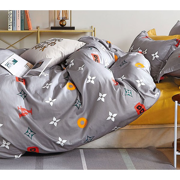 Простыни из желто-оранжевого компаньона серого твил-сатина с разноцветными рисунками