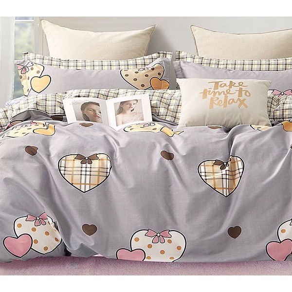 Пододеяльники из серого твил-сатина с сердечками и компаньоном в клеточку