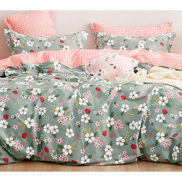 Серо-зеленый твил-сатин с красно-белыми цветочками и розовым компаньоном в клетку