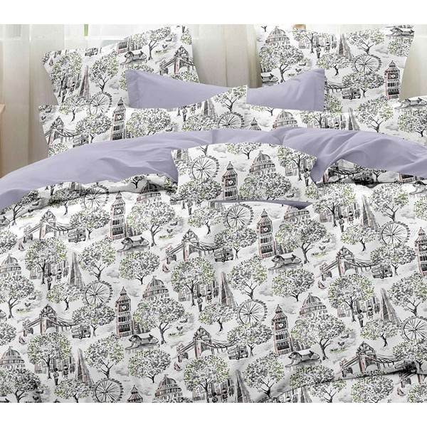 Наволочки на молнии из серо-фиолетового компаньона белого твил-сатина с черно-зелеными рисунками