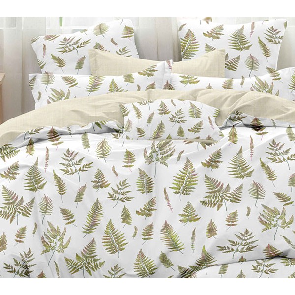 Белый твил-сатин с желто-зелеными ветками листьев и светло-кремовым компаньоном