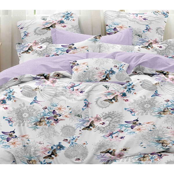 Белый твил-сатин с разноцветными бабочками и бледно-фиолетовым компаньоном