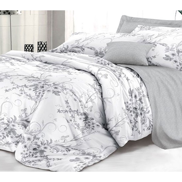Пододеяльники из белого твил-сатина с серыми цветами и серым компаньоном