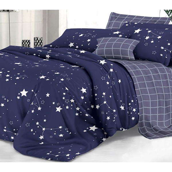 Синий твил-сатин с белыми звездами и серым компаньоном в клетку