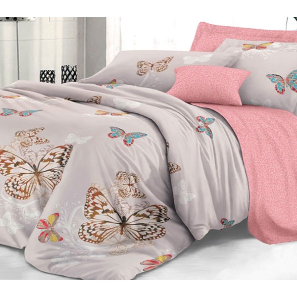 Светло-серый твил-сатин с большими бабочками и розовым компаньоном