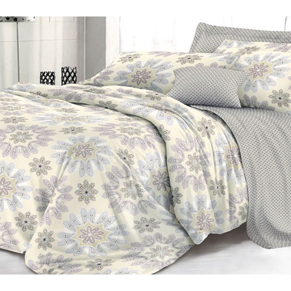 Бледно-желтоватый твил сатин с круглыми рисунками серым компаньоном