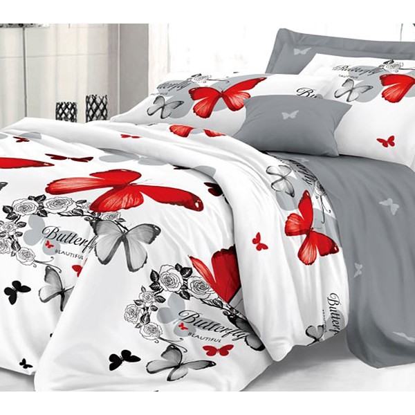 Белый твил-сатин с красными и серыми бабочками и темно-серым компаньоном