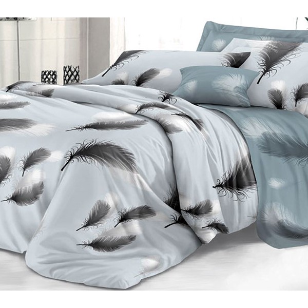 Светло-голубой твил-сатин с бело-серыми перьями и сине-зеленым компаньоном