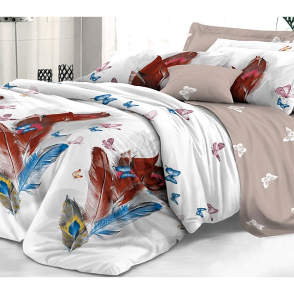 Белый твил-сатин с красно-синими перьями и серо-бежевый компаньон