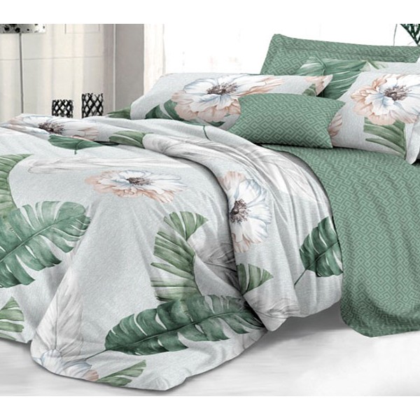 Белый твил-сатин с зелеными листьями и зеленым компаньном