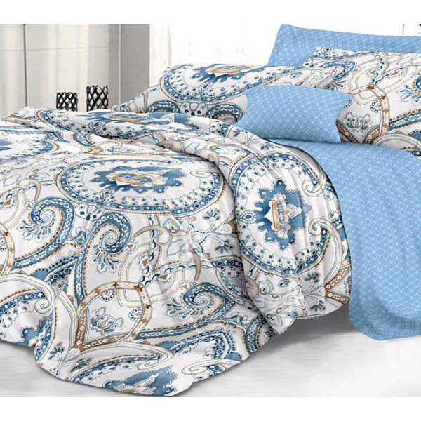 Белый твил-сатин со сложным золотисто-голубым орнаментом и голубым команьоном