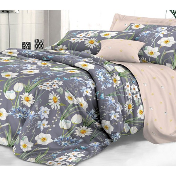 Пододеяльники из серого твил-сатина с белыми ромашками и бледно-бежевым компаньоном