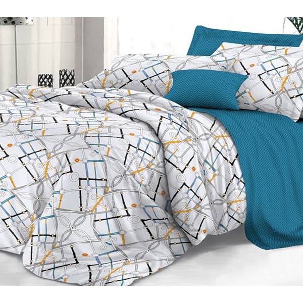 Белый твил-сатин с черно-сине-желтыми узорами и сине-зеленым компаньоном