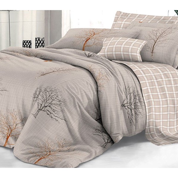 Серый твил-сатин с рисунками и серо-коричневым компаньоном в белую полоску