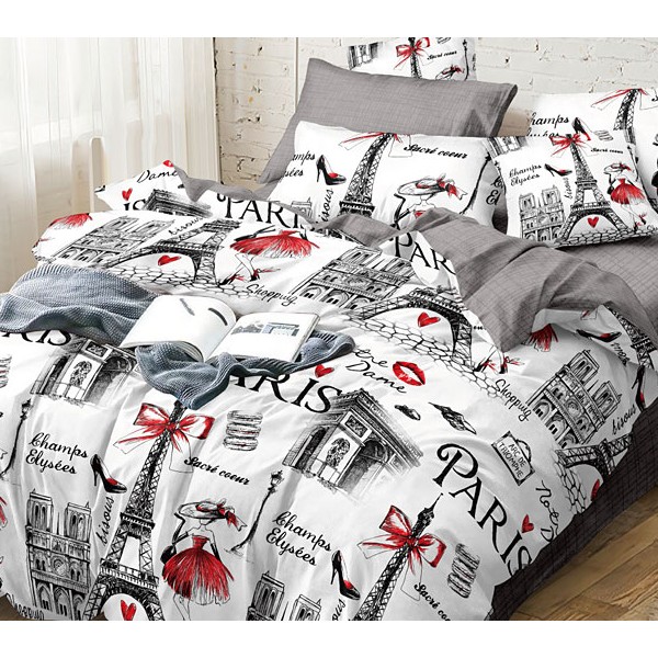 Постельное белье из белого поплина Париж с красно-черными рисунками и серым компаньоном