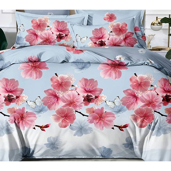 Постельное белье из серовато-голубого поплина с бледно-красными цветами и серым компаньоном