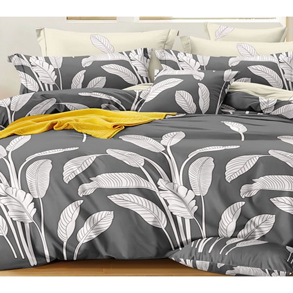 Постельное белье из серого поплина с белыми рисунками и бледно-желтым компаньоном