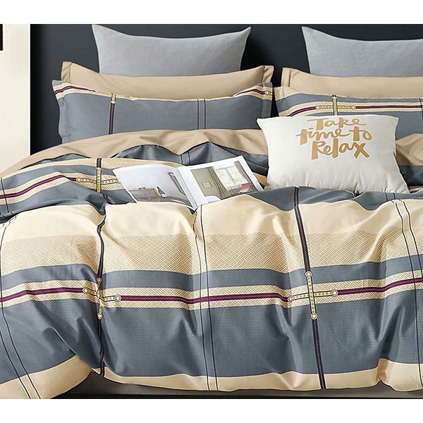 Постельное белье из бежевого поплина с серыми полосами и желто-коричневым компаньоном