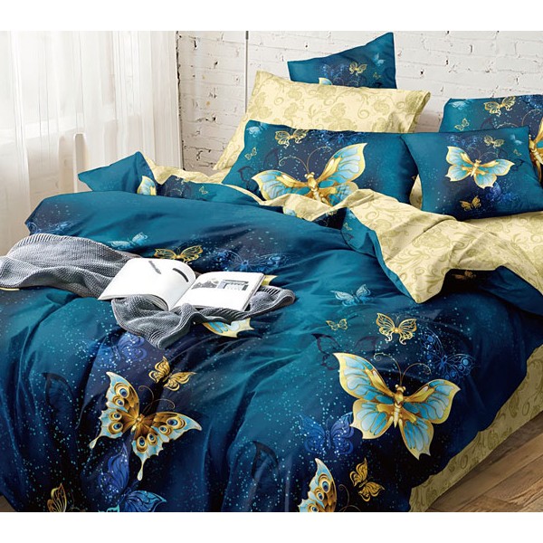 Постельное белье из темно-синего поплина с бабочками и светло-желтым компаньоном