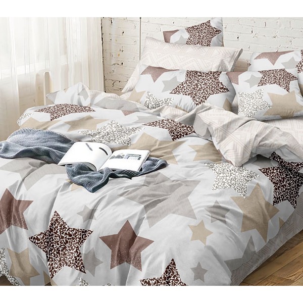 Постельное белье из белого поплина с большими коричневыми звездами и белым компаньоном с орнаментом