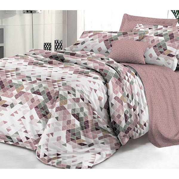 Постельное белье из белого поплина с разноцветными треугольниками и бледно-пурпурным компаньоном
