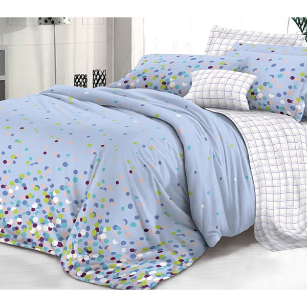 Постельное белье из бледно-синеватого поплина с многоцветной абстракцией и белым компаньоном в тонкую клетку