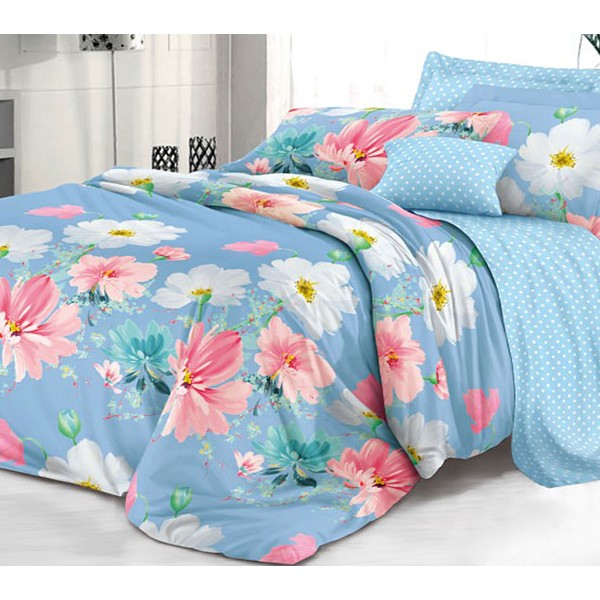 Постельное белье из светло-синего поплина с бело-розовыми цветами и голубым компаньоном в белый горошек