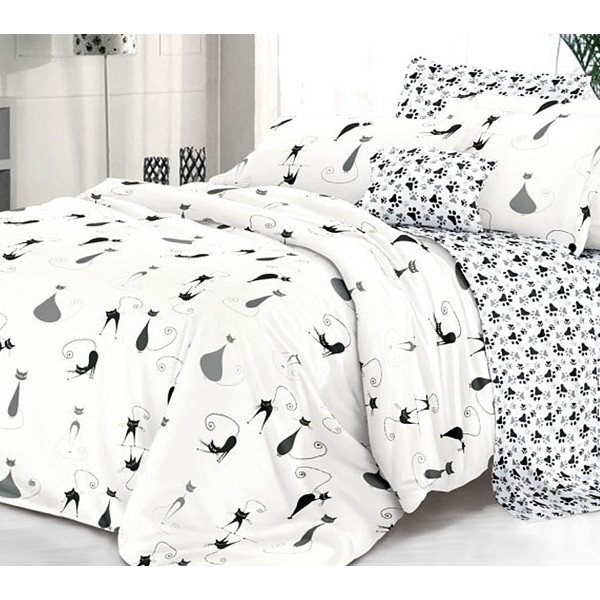 Постельное белье из белого поплина с черными и серыми кошками и черно-белым компаньоном