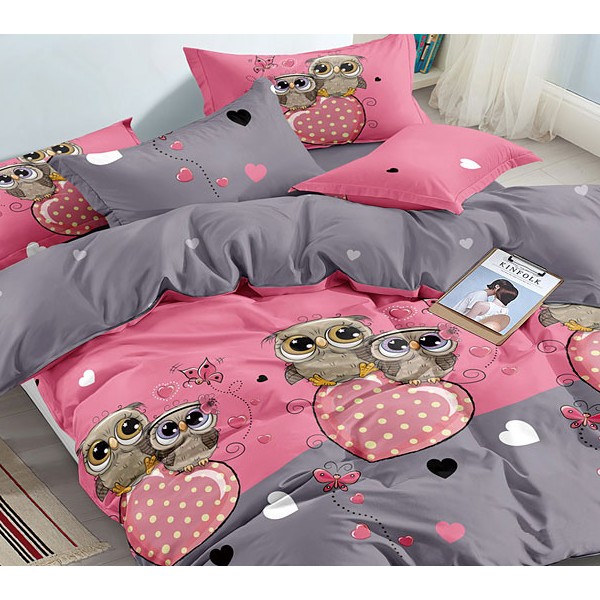 Постельное белье из розово-серого поплина с совами и серым компаньоном