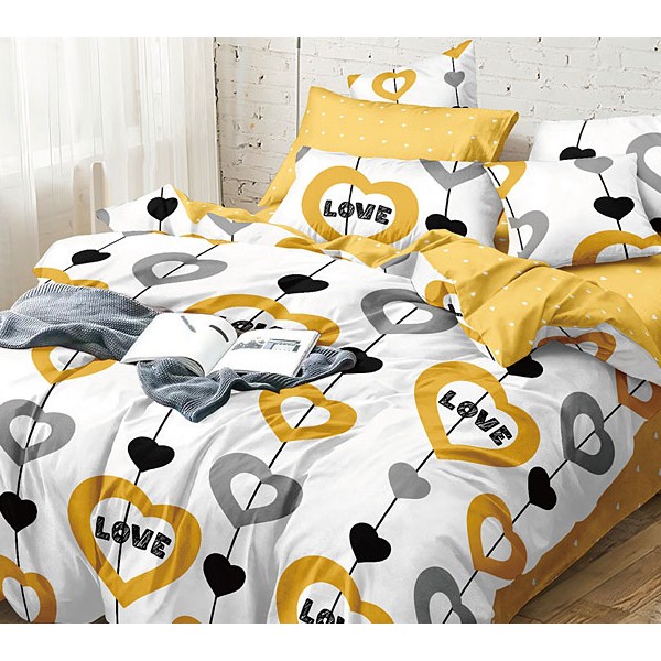 Постельное белье из белого поплина с разноцветными сердцами и желто-оранжевым компаньоном